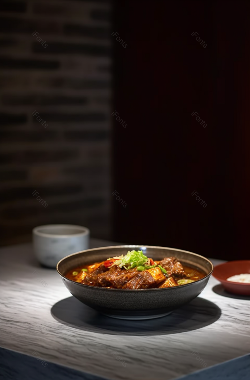 在一个餐厅桌上一盆煮熟的肉类排骨上面点缀着香菜配菜餐饮美食图像摄影,高清,摄影图,摄影图片,图片大全,摄影图免费下载